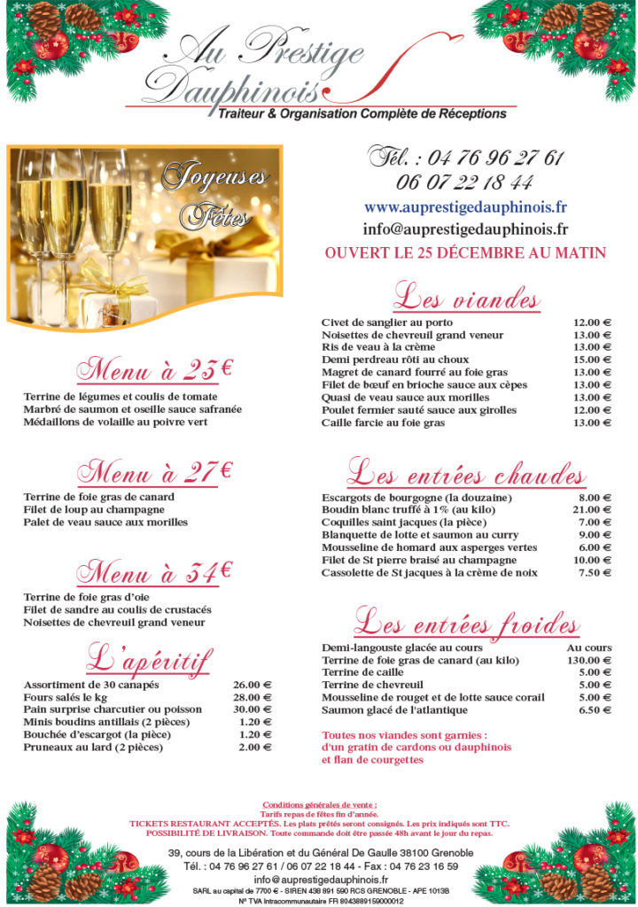 Menu de fêtes 2020 - Au Prestige Dauphinois - Traiteur à Grenoble