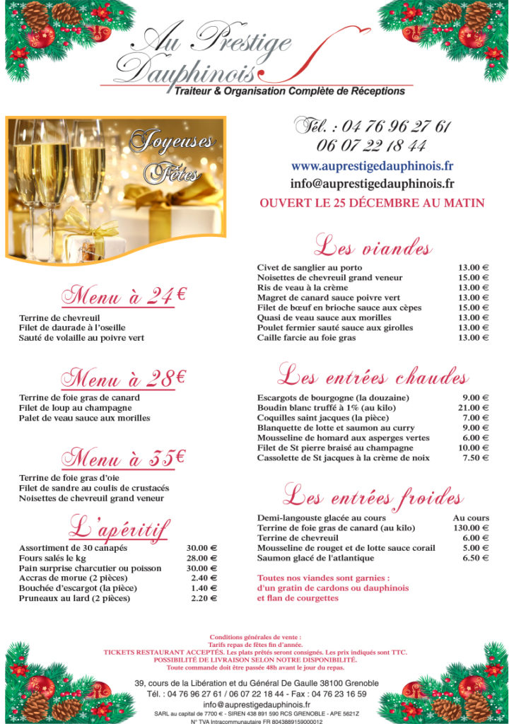 Menu de Noël 2021 - Au Prestige Dauphinois