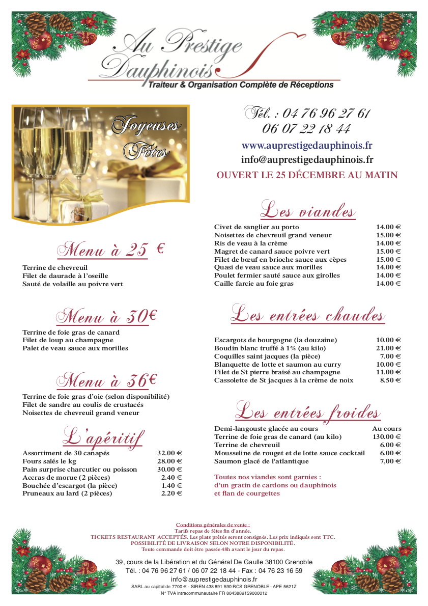 Menu de Noël 2023 Au Prestige Dauphinois